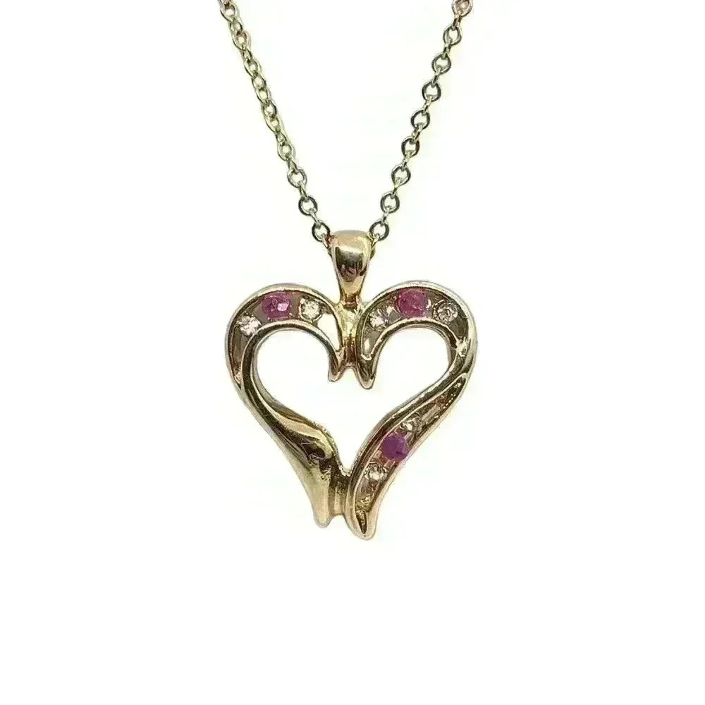 Ruby Large Heart Pendant Necklace 14K Gold EP & Chain cz accents